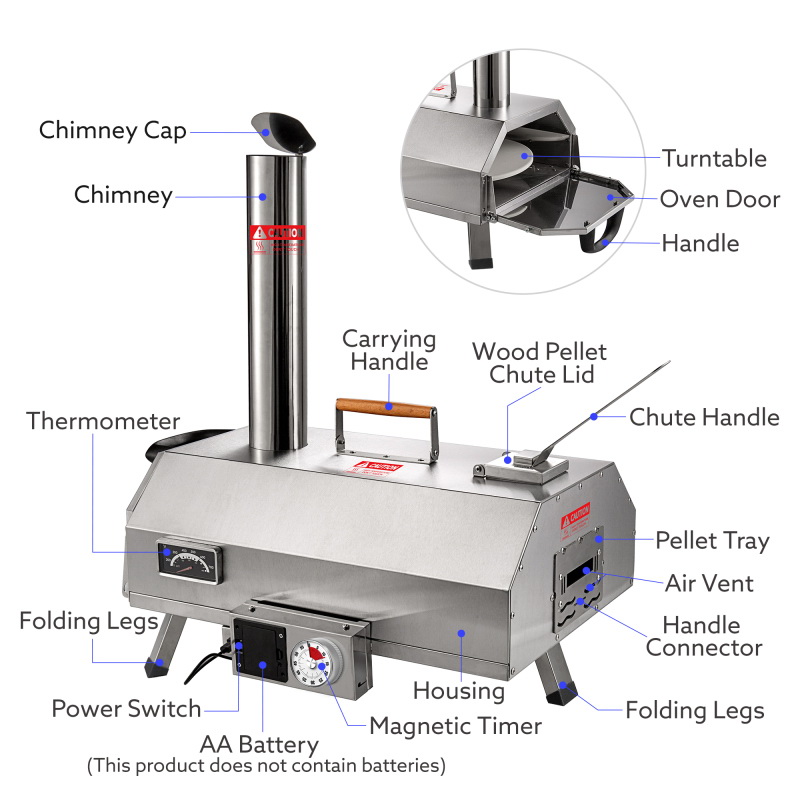 酷牌库|商品详情-E-Bon进口代理批发 不锈钢披萨烤箱户外 12 英寸自动旋转披萨烤箱，便携式燃木披萨烤箱披萨机，带定时器，内置温度计，披萨刀和手提袋 W2196133362