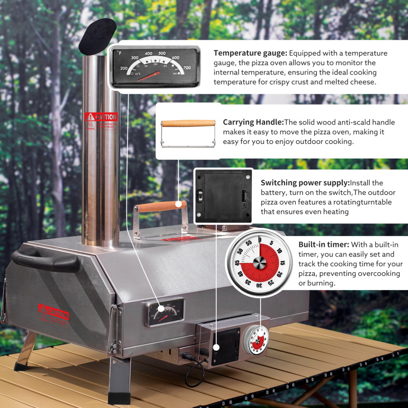 酷牌库|商品详情-E-Bon进口代理批发 不锈钢披萨烤箱户外 12 英寸自动旋转披萨烤箱，便携式燃木披萨烤箱披萨机，带定时器，内置温度计，披萨刀和手提袋 W2196133362