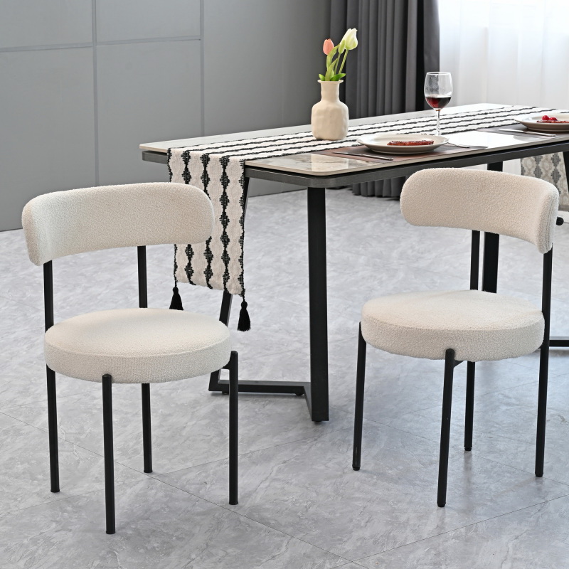 Weyish进口代理批发 白色毛圈餐椅 2 件套，中世纪现代弧形靠背椅，圆形软垫厨房椅 W2533P170071