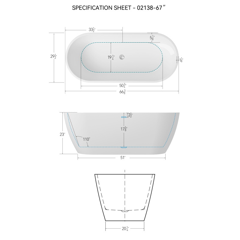 酷牌库|商品详情-Bathonly进口代理批发 67 英寸光面亚克力独立式浸泡浴缸，带经典开槽溢流和镀铬脚趾排水管，经过 cUPC 认证。易于安装，02138