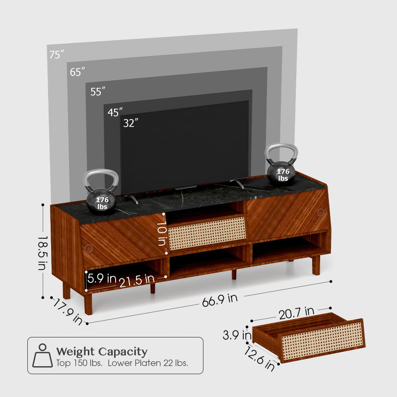 酷牌库|商品详情-VanvusonFurniture进口代理批发 适用于 75 英寸以上电视的电视柜，中世纪现代娱乐中心，带藤制抽屉，储物架，大型波西米亚媒体电视控制台，67 英寸长客厅电视柜 W2642P177326