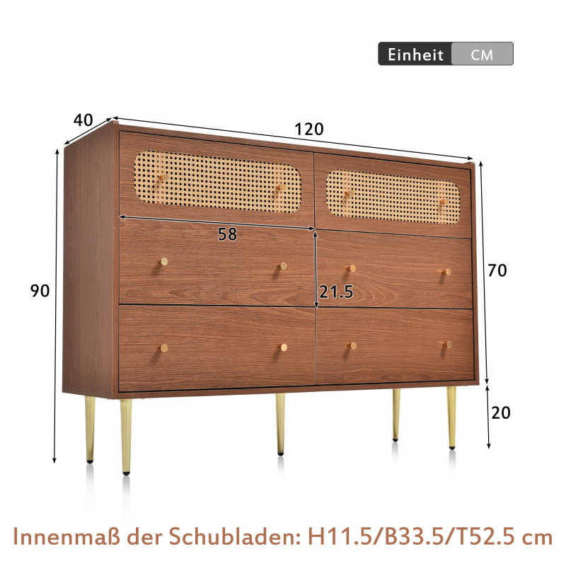 酷牌库|商品详情-Cosyliving Wooden Furniture进口代理批发 卧室梳妆台、抽屉柜、6 抽屉梳妆台、家庭办公室落地储物抽屉柜、藤制抽屉柜高柜，带 6 个抽屉，胡桃木 -H90/W120/D40 厘米，W27884811