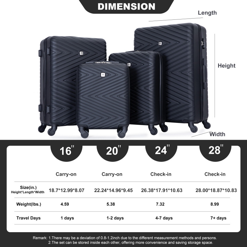 酷牌库|商品详情-Travel House进口代理批发 4 件套 ABS 轻型行李箱，带旋转轮，24 英寸和 28 英寸，带 TSA 锁，(16/20/24/28) 黑色 W284P149247