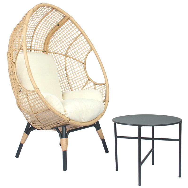 酷牌库|商品详情-iPRO Outdoor Furniture进口代理批发 Patio PE 柳条蛋椅型号 4 带自然色藤米色坐垫和边桌 W400120450