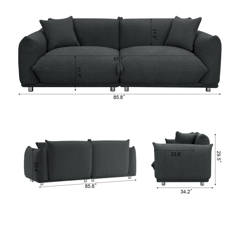 酷牌库|商品详情-JSC Furniture进口代理批发 客厅超大双人沙发，带金属腿的夏尔巴沙发，3 座沙发，实木框架沙发带 2 个枕头，适用于公寓办公室客厅 - 黑色 W542S00023