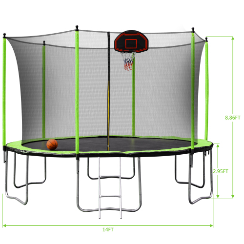 酷牌库|商品详情-Baoxiang Trampoline进口代理批发 14 英尺蹦床带篮球圈充气器和梯子（内部安全外壳）绿色 W550S00019