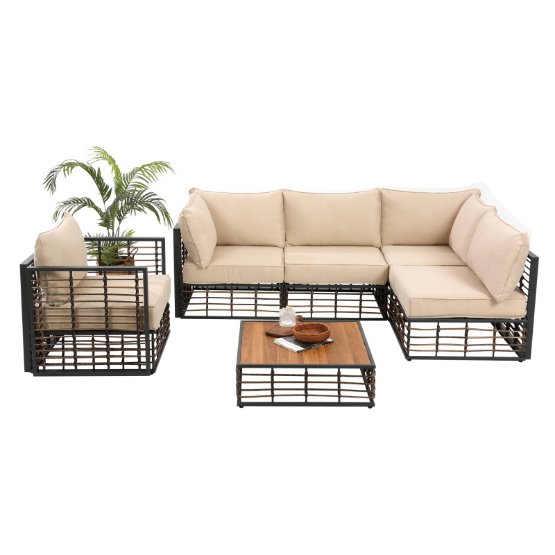 酷牌库|商品详情-Hifine Outdoor Furniture进口代理批发 大露台 6 件套柳条露台家具套装，全天候户外谈话套装组合沙发，配有防水米色厚垫子和咖啡桌 W640S00036