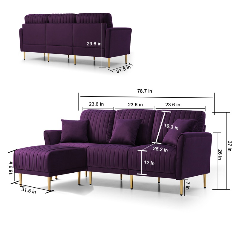 酷牌库|商品详情-UI Furniture进口代理批发 现代大型天鹅绒面料 L 形躺椅沙发组合沙发茄子 W714S00470