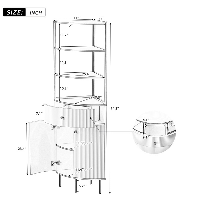 酷牌库|商品详情-Bunny C Furniture进口代理批发 74.8 英寸高现代转角书架，扇形书柜，带 1 个抽屉和 2 个门，木质立式转角书架，带金色金属框架，适用于客厅、卧室、家庭办公室，白色 (1.25) WF314777AAK