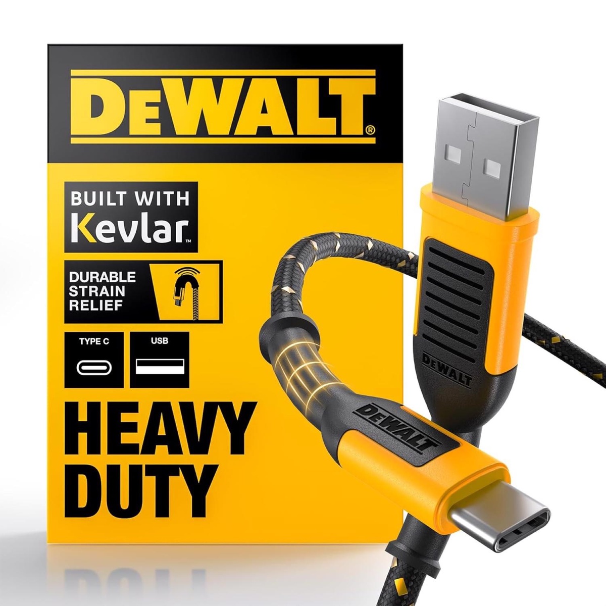 DEWALT得伟USB-A转USB-C快充数据线 10英尺/3米 黑色/黄色 高速传输编织线
