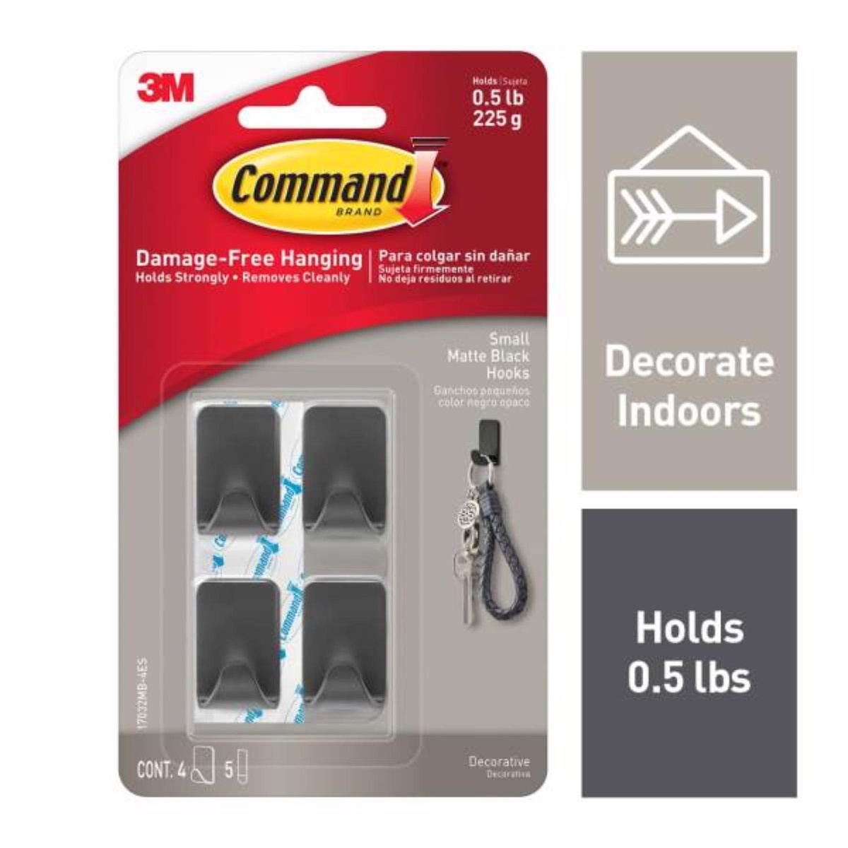 3M Command 17032MB-4ES 小型无痕塑料挂钩 1英寸(约2.5cm) 4个装 免钉免打孔 可移除墙壁挂钩