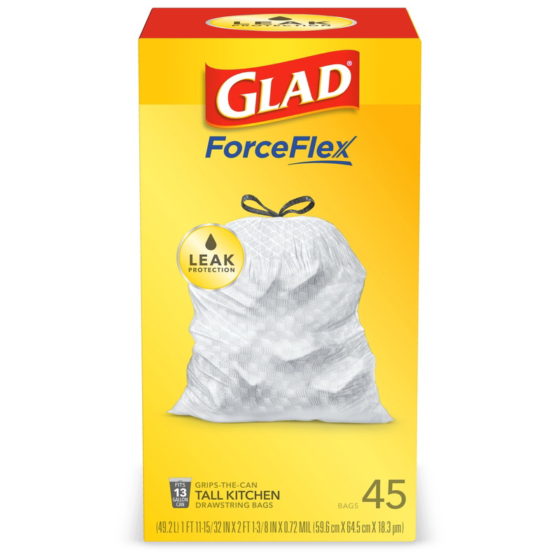 Glad格莱德78362 ForceFlex强韧系列13加仑(约49L)无香型高款厨房抽绳垃圾袋 45只装