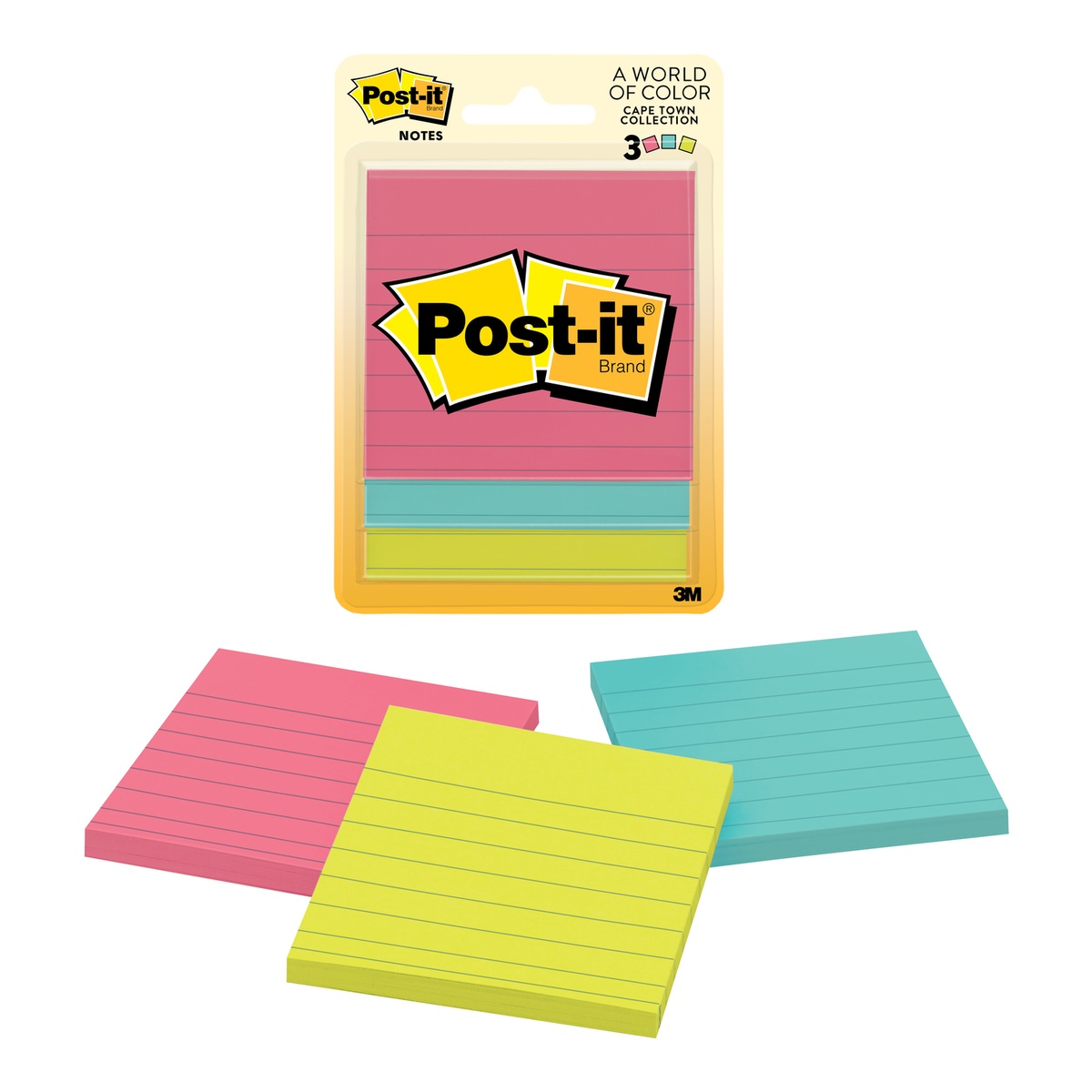 Post-it报事贴6301多彩便签纸 3x3英寸方形 3本装 可重复粘贴 办公留言备忘贴