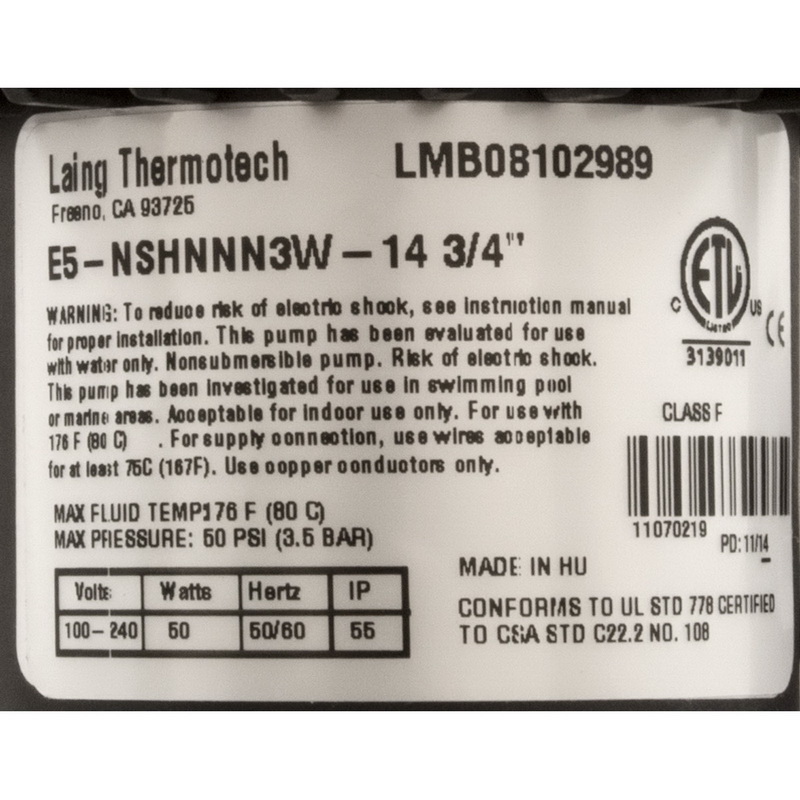 酷牌库|商品详情-Laing Thermotech进口代理批发 Laing Thermotech 10-0102-K 泵，Laing Circ，E5 系列，115v/230v，3/4"b，带 4 英尺电源线，OEM