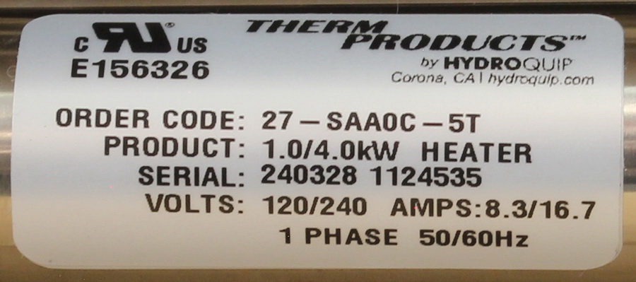 酷牌库|商品详情-HYDROQUIP进口代理批发 HYDROQUIP 27-SAA0C-5T-K 加热器组件，低流量，HydroQuip 滑流，230V，4.0kW