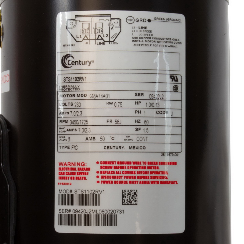 酷牌库|商品详情-AO Smith/Century/Regal Beloit进口代理批发 AO Smith/Century/Regal Beloit STS1102RV1 Mtr、Cent、1/.13Hp、230V、2-Sp、Sf1.5、56Jfr