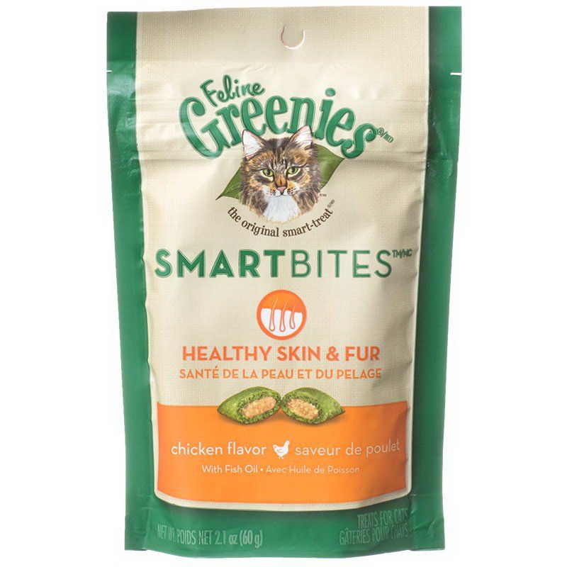 Greenies进口代理批发 Greenies SmartBites 健康皮肤和毛皮鸡肉味猫零食，2.1 盎司，3101410