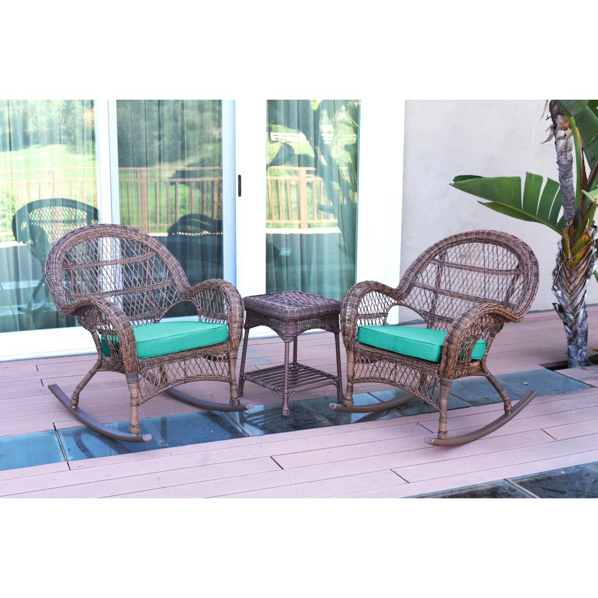 Black Jeco W00207R-D/_2-RCES029 3 Piece Rocker Wicker Chair Set with with Green Cushion