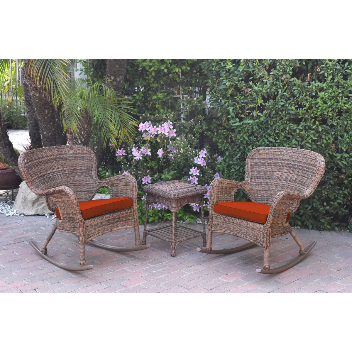 Black Jeco W00207R-D/_2-RCES029 3 Piece Rocker Wicker Chair Set with with Green Cushion