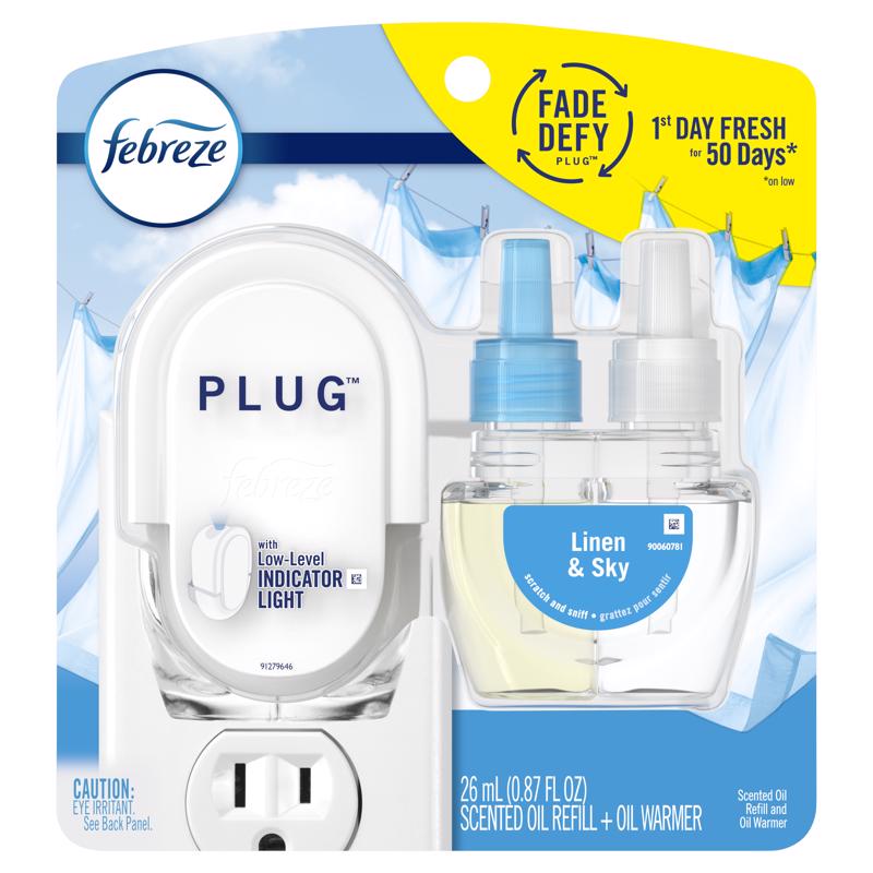 酷牌库|商品详情-FEBREZE进口代理批发 Febreze Plug 亚麻和天空香味空气清新剂入门套件 0.87 盎司液体 1 包