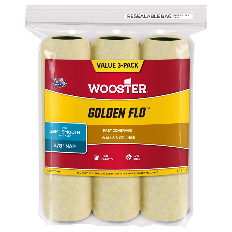 WOOSTER进口代理批发 Wooster Golden Flo 针织 9 英寸 WX 3/8 英寸常规油漆滚筒盖补充装 3 件装