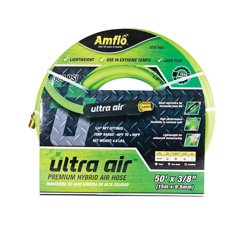 AMFLO进口代理批发 Amflo Ultra Air 50 英尺 LX 3/8 英寸 D 橡胶/PVC 混合空气软管 300 psi 黄色