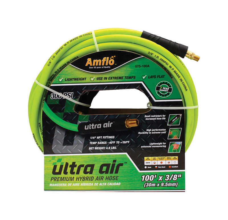 AMFLO进口代理批发 Amflo Ultra Air 100 ft. LX 3/8 in. D 橡胶/PVC 混合空气软管 300 psi 黄色