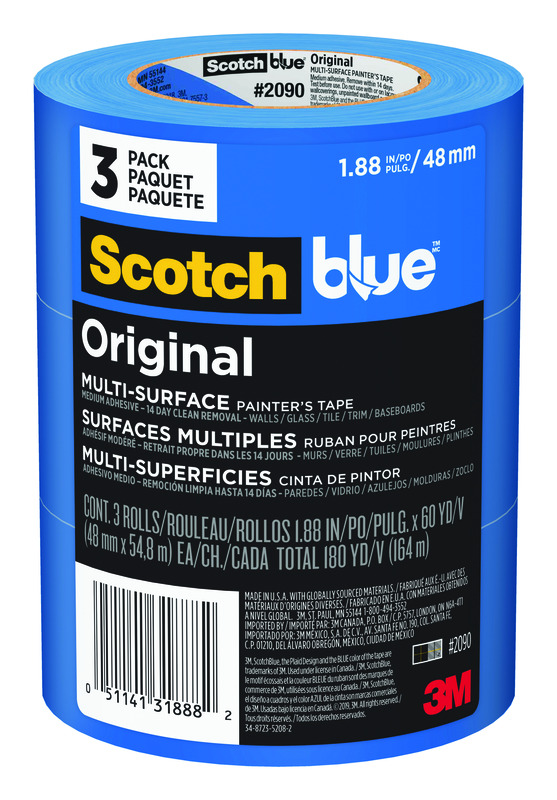 SCOTCHBLUE进口代理批发 ScotchBlue 1.88 英寸 WX 60 码长蓝色中等强度原装画家胶带 3 件装