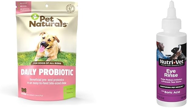 Pet Naturals进口代理批发 Pet Naturals 120M CFU 狗用益生菌，60 粒咀嚼片和 Nutri-Vet 狗用眼冲洗液，4 盎司 - 消化和眼睛健康