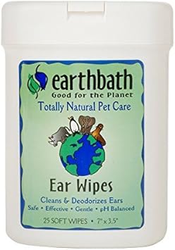 酷牌库|商品详情-earthbath进口代理批发 Earthbath，狗耳湿巾 - 温和狗耳清洁剂，最佳狗和猫宠物湿巾，美国制造，无残忍狗湿巾，保持宠物耳朵自然清洁且无感染 - 25 片（2 片装）