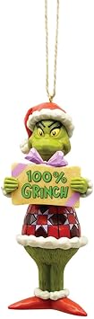 Enesco进口代理批发 Enesco Dr. Seuss Grinch by Jim Shore 百分百标志 Grinch 悬挂装饰品，手工制作，手绘收藏圣诞树装饰品家居装饰系列礼物，5 英寸，多色