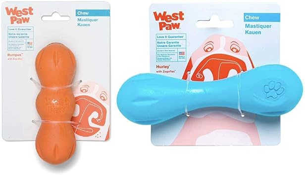 WEST PAW进口代理批发 WEST PAW Zogoflex Rumpus 狗咀嚼玩具（小号，橘子色）和 Zogoflex Hurley 狗骨头咀嚼玩具（小号，水色）可漂浮宠物玩具，适合狗狗攻击性咀嚼、捕捉、获取鲜艳的骨头