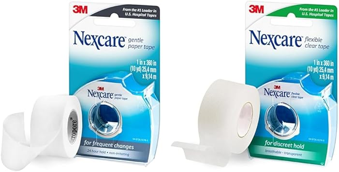 Nexcare进口代理批发 Nexcare 温和纸胶带分配器和柔性透明胶带、医用胶带安全敷料 - 1 英寸 x 10 码、1 个分配器和 1 卷