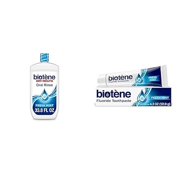 Biotene进口代理批发 Biotne Oral Rinse 漱口水 - 33.8 液量盎司和氟化物牙膏，用于治疗口干症状、治疗口臭和预防蛀牙，新鲜薄荷，4.3 盎司（1 件装）- 包装可能有所不同