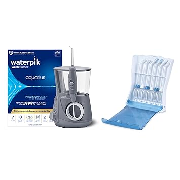 Waterpik进口代理批发 套装包含 Waterpik Aquarius 水牙线，灰色 WP-667，带方便、卫生且坚固的尖端存储盒，带 6 个替换牙线尖端，电动牙科台面专业口腔冲洗器