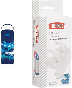 THERMOS进口代理批发 THERMOS 12 盎司 FUNTAINER Sharks 不锈钢水瓶，带吸管和 2 个替换吸管，适用于 FUNTAINER 12 盎司水瓶