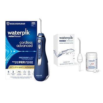 Waterpik进口代理批发 套装包含 Waterpik Blue 无绳高级 2.0 水牙线 WP-583 + Boost 喷嘴（含 30 颗美白片）、可充电便携式口腔冲洗器（适合旅行和家用）、正品 Waterpik 水牙线喷嘴