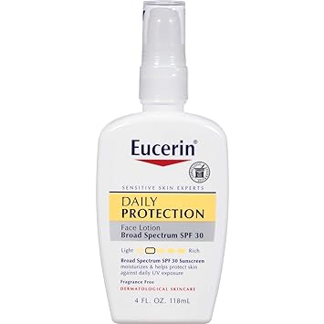 Eucerin进口代理批发 Eucerin 日常防护面部乳液，广谱 SPF 30 防晒乳液，面部防晒霜滋润并帮助保护敏感、干性皮肤，无香精乳液，4 液体盎司，包装可能有所不同