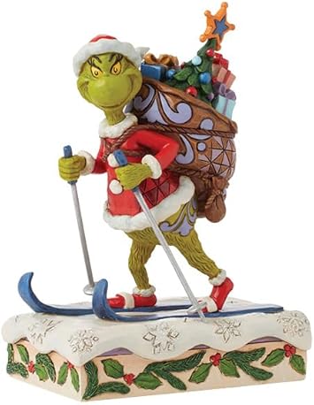 Enesco进口代理批发 Enesco Dr. Seuss Grinch by Jim Shore 圣诞老人格林奇滑雪带玩具袋雕像，格林奇玛树脂石手工制作收藏品圣诞雕像家居装饰雕塑雕像，6.75 英寸，多色