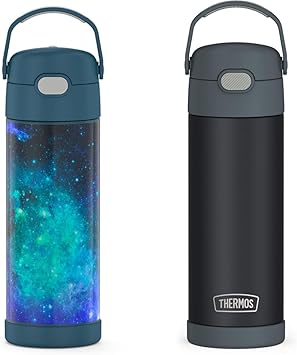 THERMOS进口代理批发 THERMOS FUNTAINER 16 盎司银河青色和哑光木炭不锈钢真空隔热水瓶带喷嘴盖 2 件装