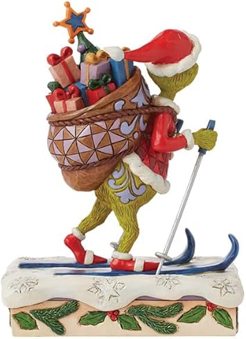 酷牌库|商品详情-Enesco进口代理批发 Enesco Dr. Seuss Grinch by Jim Shore 圣诞老人格林奇滑雪带玩具袋雕像，格林奇玛树脂石手工制作收藏品圣诞雕像家居装饰雕塑雕像，6.75 英寸，多色