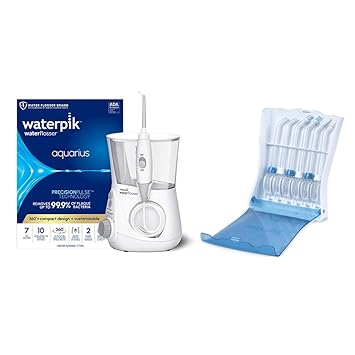 Waterpik进口代理批发 套装包含 Waterpik Aquarius 水牙线，白色 WP-660，带方便、卫生且坚固的尖端存储盒，带 6 个替换牙线尖端，电动牙科台面专业口腔冲洗器