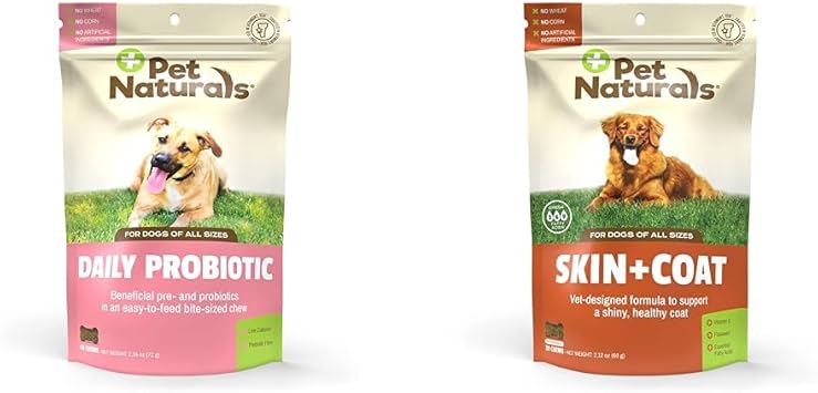 Pet Naturals进口代理批发 Pet Naturals 120M CFU 狗用益生菌 60 粒咀嚼片和皮肤和毛发，适用于皮肤干燥、发痒的狗 30 粒咀嚼片套装