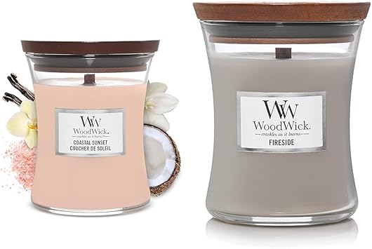 WoodWick进口代理批发 WoodWick 中号沙漏蜡烛，海岸日落和炉边香味，大豆混合蜡，木芯