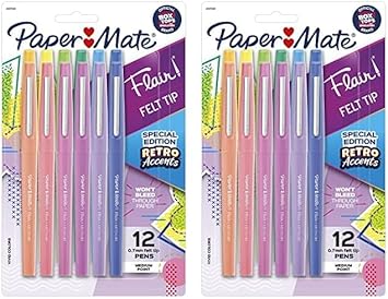 Paper Mate进口代理批发 Paper Mate Flair 毡尖笔，中号（0.7 毫米），什锦，特别版复古风格，12 支（2 支装）