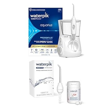 Waterpik进口代理批发 套装包含 Waterpik Aquarius 水牙线、白色 WP-660 和 Boost 牙线头（含 30 颗美白片）、电动牙科台面专业口腔冲洗器、正品 Waterpik 水牙线头