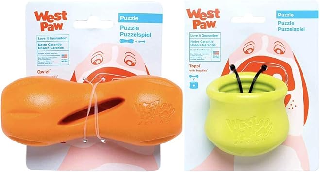 WEST PAW进口代理批发 WEST PAW Zogoflex Qwizl 狗拼图零食玩具（小号，橘子色）和 Zogoflex Toppl Treat 分配狗玩具拼图（小号，格兰尼史密斯）狗狗互动咀嚼玩具