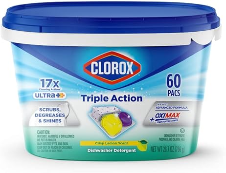 Clorox进口代理批发 Clorox 三效超级洗碗机洗涤剂包，60 片装洗碗机，柠檬味