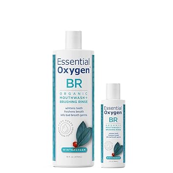 Essential Oxygen进口代理批发 Essential Oxygen BR 认证有机刷牙漱口水，全天然漱口水，可让牙齿更白、口气更清新、牙龈更健康，不含酒精口腔护理，冬青，2 件套，16 盎司