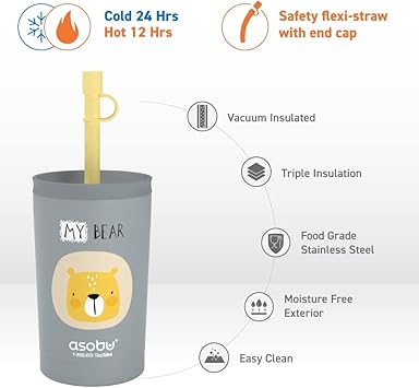 酷牌库|商品详情-Asobu进口代理批发 asobu 不锈钢儿童玻璃杯，带柔性吸管盖 |保温水瓶 |可重复使用的旅行杯 12 盎司（灰色）